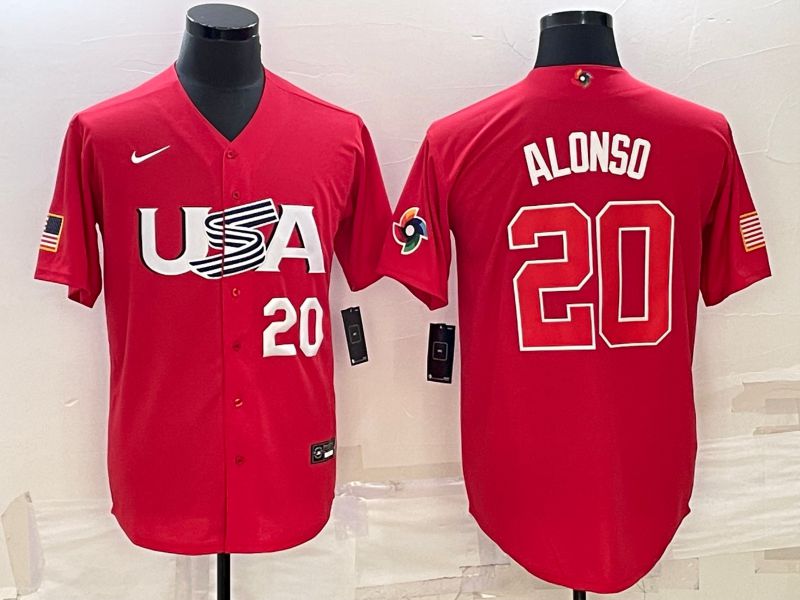 Men 2023 World Cub USA #20 Alonso Red Nike MLB Jersey3